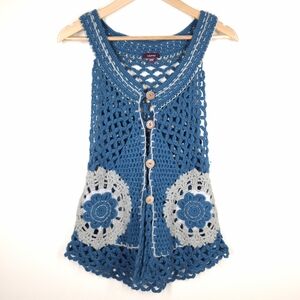 Lulumari Teal Crochet Open Knit Vest S/M Festival Boho Hippie Wood Buttons